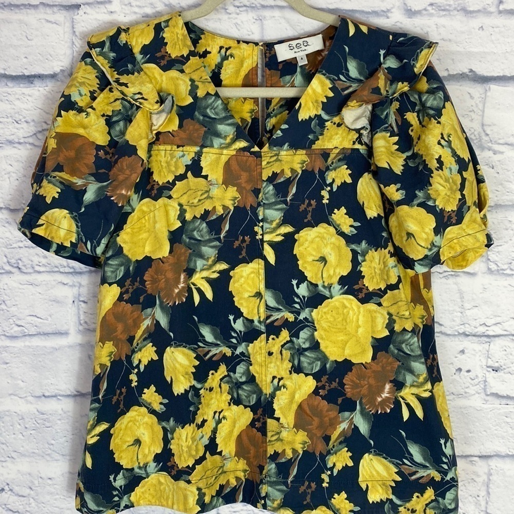 Sea New York yellow floral ruffle shoulder short sleeve top 4